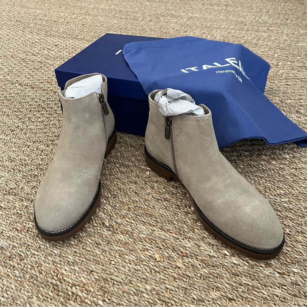 NIB Italeau Foliana Velour Taupe Ankle Boots, Size 39.5